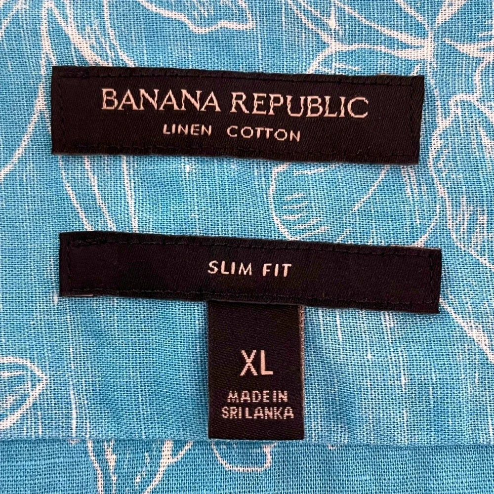 Banana Republic Mens Camp Shirt XL Blue Floral Linen Blend Slim Fit SS Tropical